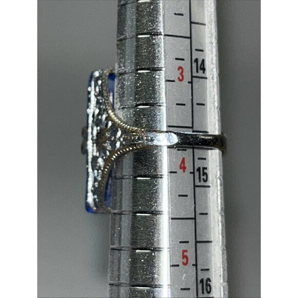 Vintage Art Deco 1950’s NEMCO Blue Gemstone Silver Filigree Ring Size 3.5 - Picture 3 of 5